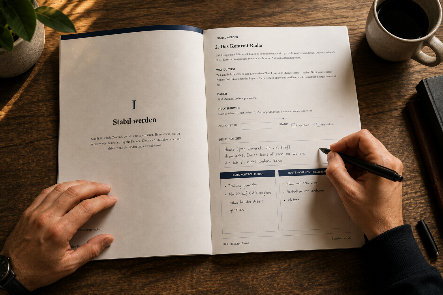 Aufgeschlagenes Workbook zu THE MANUAL, mit Stift ausgefüllt